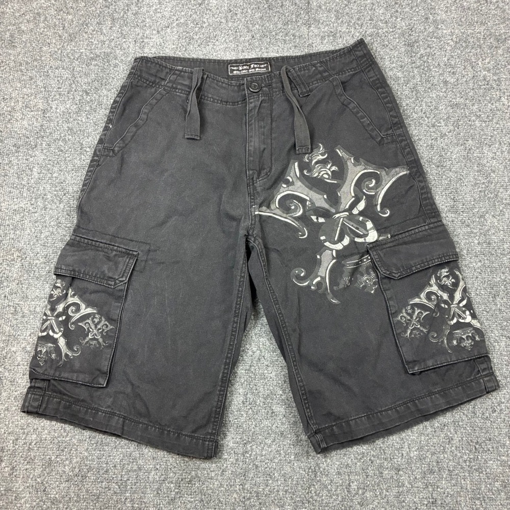 Bare Fox Mens Size 32W Black Cargo Shorts Y2K Style Gothic Graphic Fleur De Lis